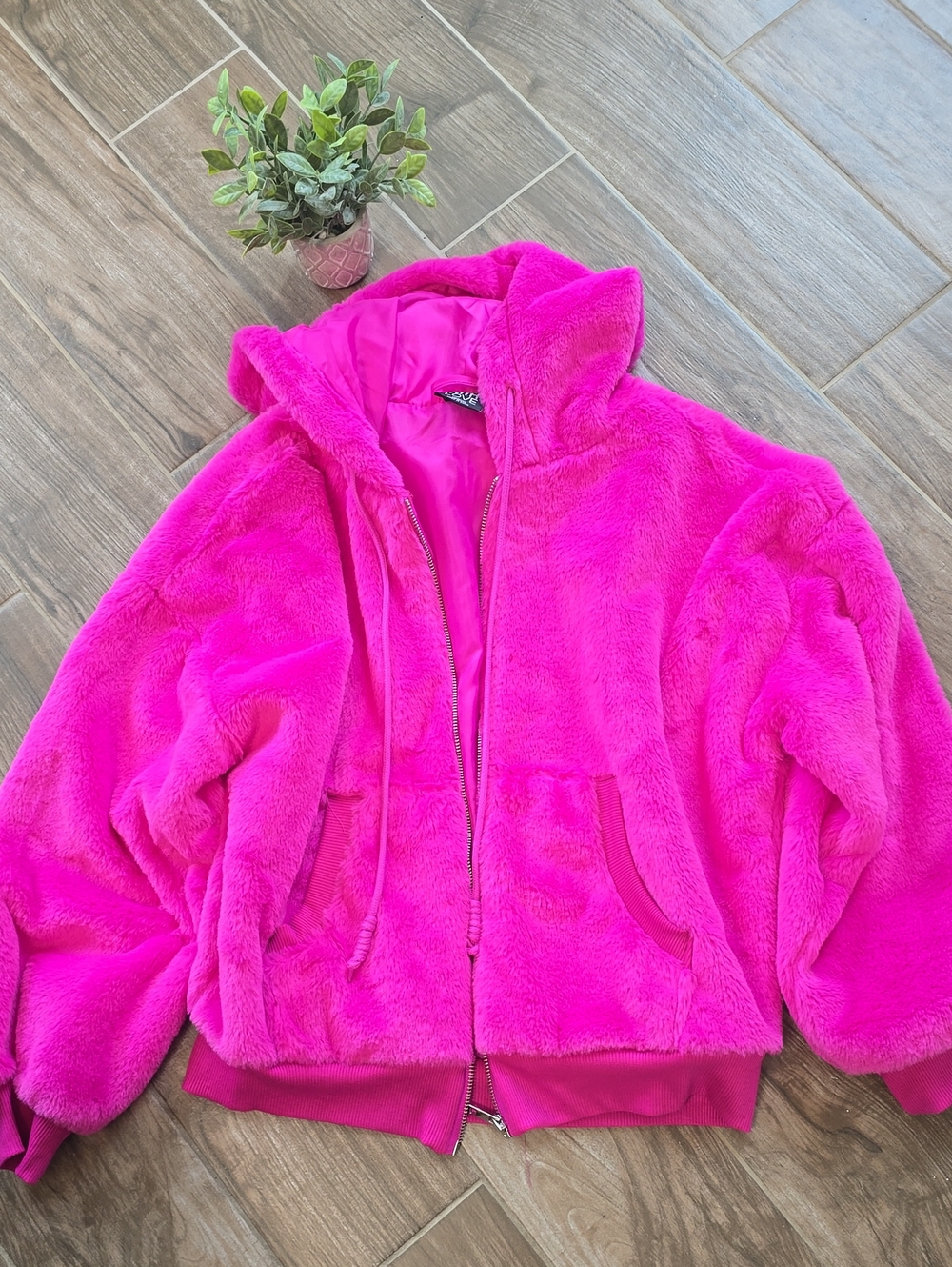 Women's Fur Hooded Jacket - Hot Pink
